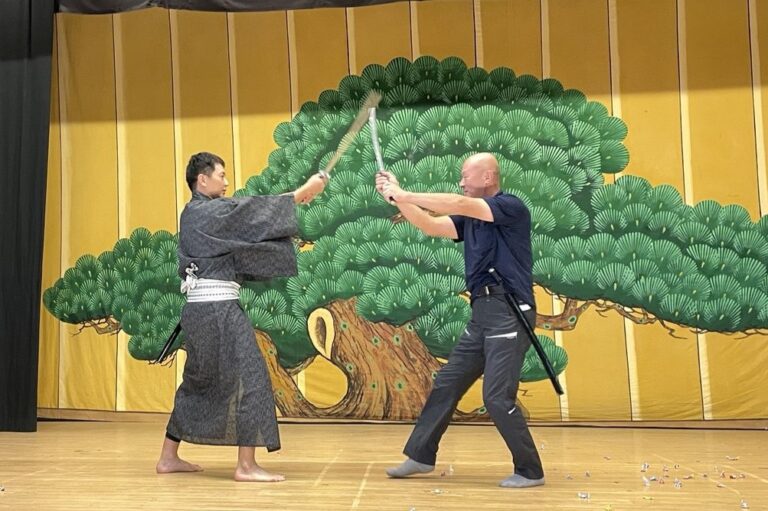 Local ji-kabuki actors explaining play in Gomoza,kabuki theatere in Gifu